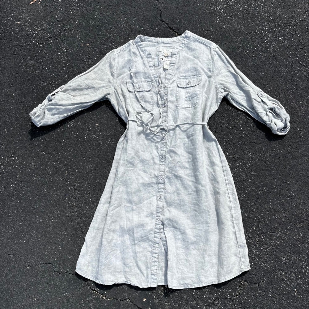 Linen‎ Blend Chambray Shirt Dress Minimalist Utility Dress Medium